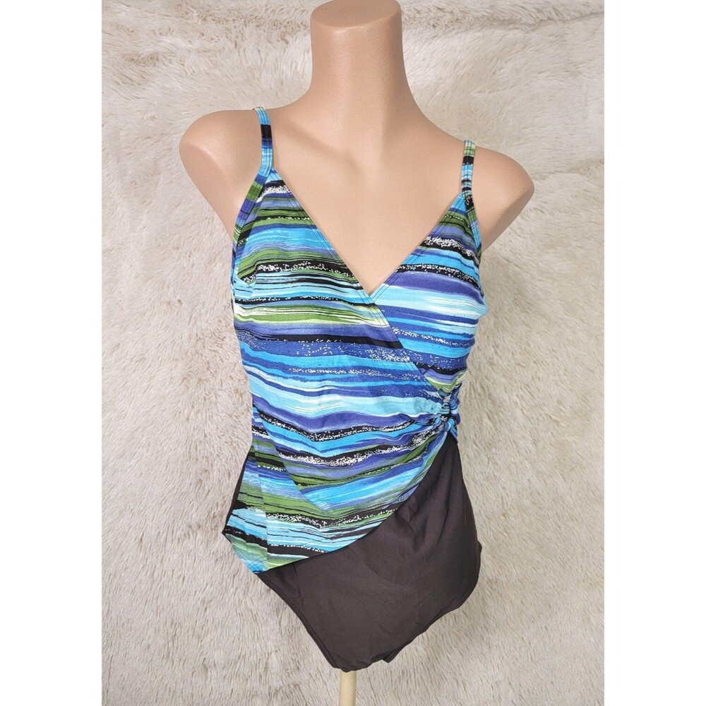 CHRISTINA WOMEN'S SIZE 14 SWIMWEAR ONE PIECE BROWN BLUE WRAP SWIMSUIT SLIMMING L